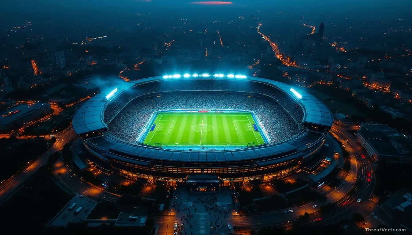 Aerial 16:9 view looking straight down at a large outdoor stadium at dusk, floodlights illuminating the pitch, surrounding city lights fading into the distance,