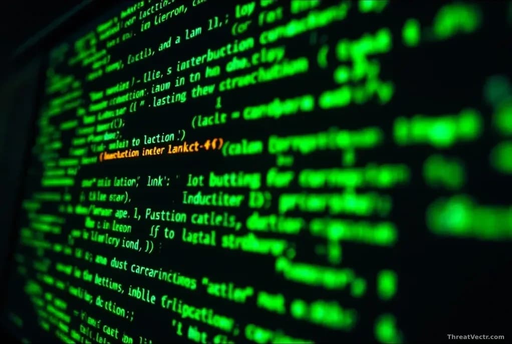 Macro photograph of a glowing computer terminal screen in a dark room displaying cascading green lines of code and error log text, with a single line subtly hig