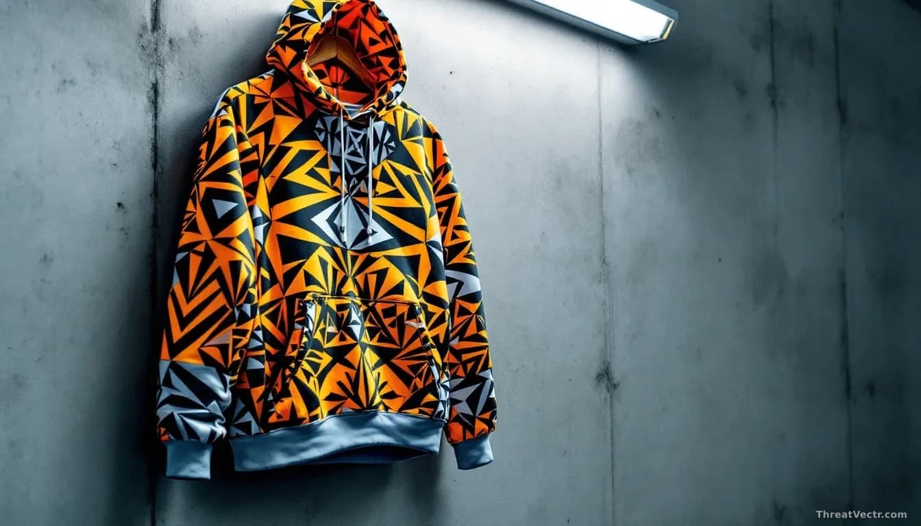 Close-up of a boldly patterned geometric hoodie hanging on a plain concrete wall under harsh fluorescent light, 16:9 framing, sharp detail on the repeating angu