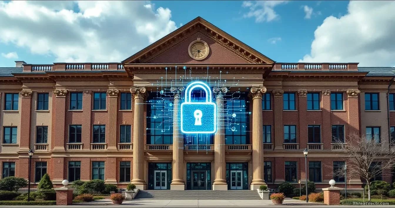 A school building with digital padlock overlay, symbolizing cybersecurity in education