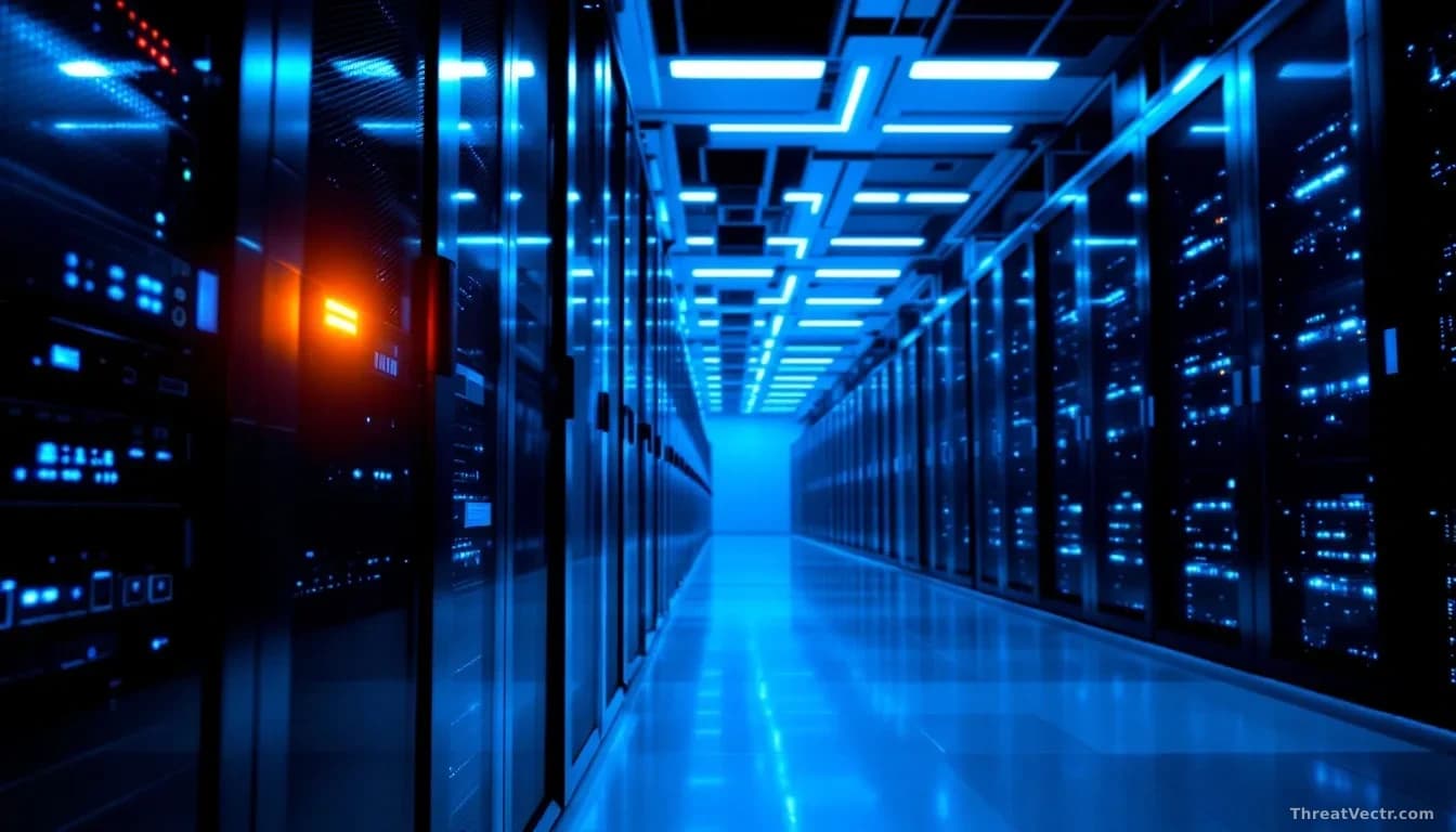 A sleek server room bathed in cool blue light, rows of black server racks stretching into the distance, a single amber warning light glowing on one unit in the