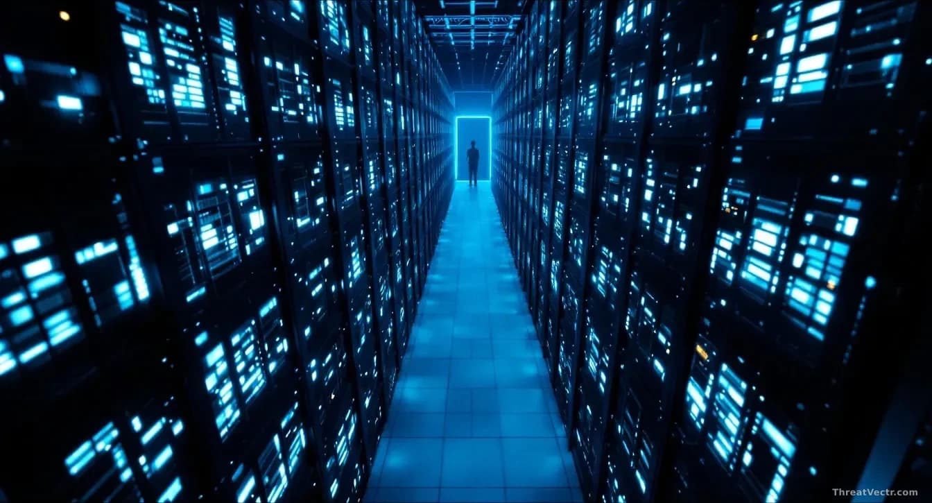 Aerial editorial photograph looking straight down at a dense grid of illuminated server rack towers in a vast data centre, cool blue and white light spilling be