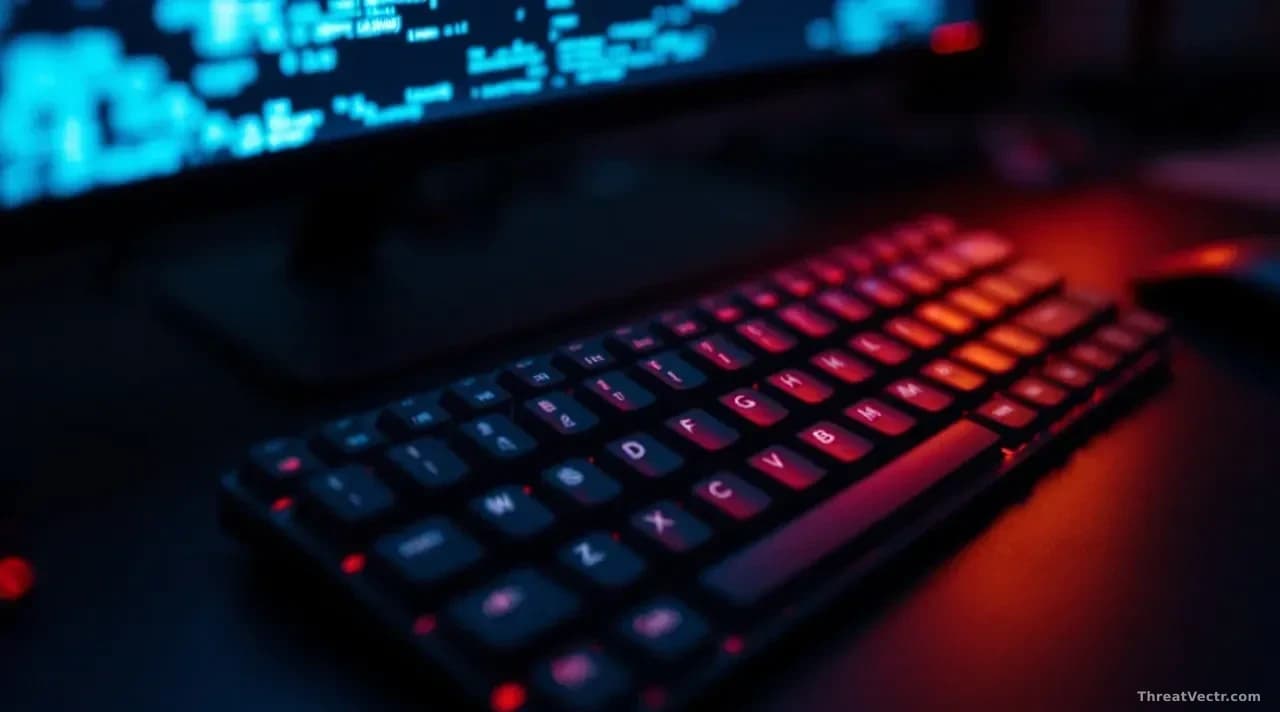 A close-up top-down view of a mechanical keyboard on a dark desk, its keys softly lit by the cool blue glow of a monitor displaying abstract cascading lines of