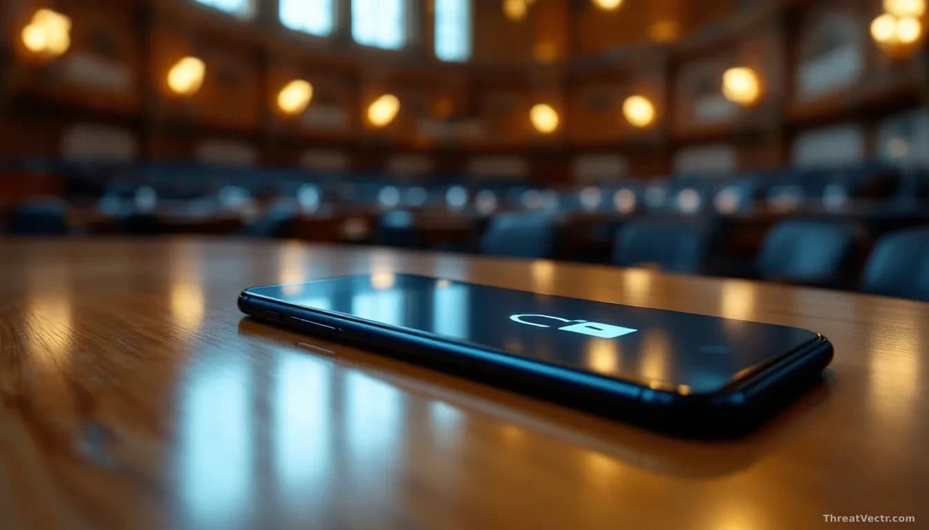 Full-frame photoreal editorial image of a modern smartphone lying face-up on a polished wooden desk inside a European parliamentary chamber, soft blue and gold