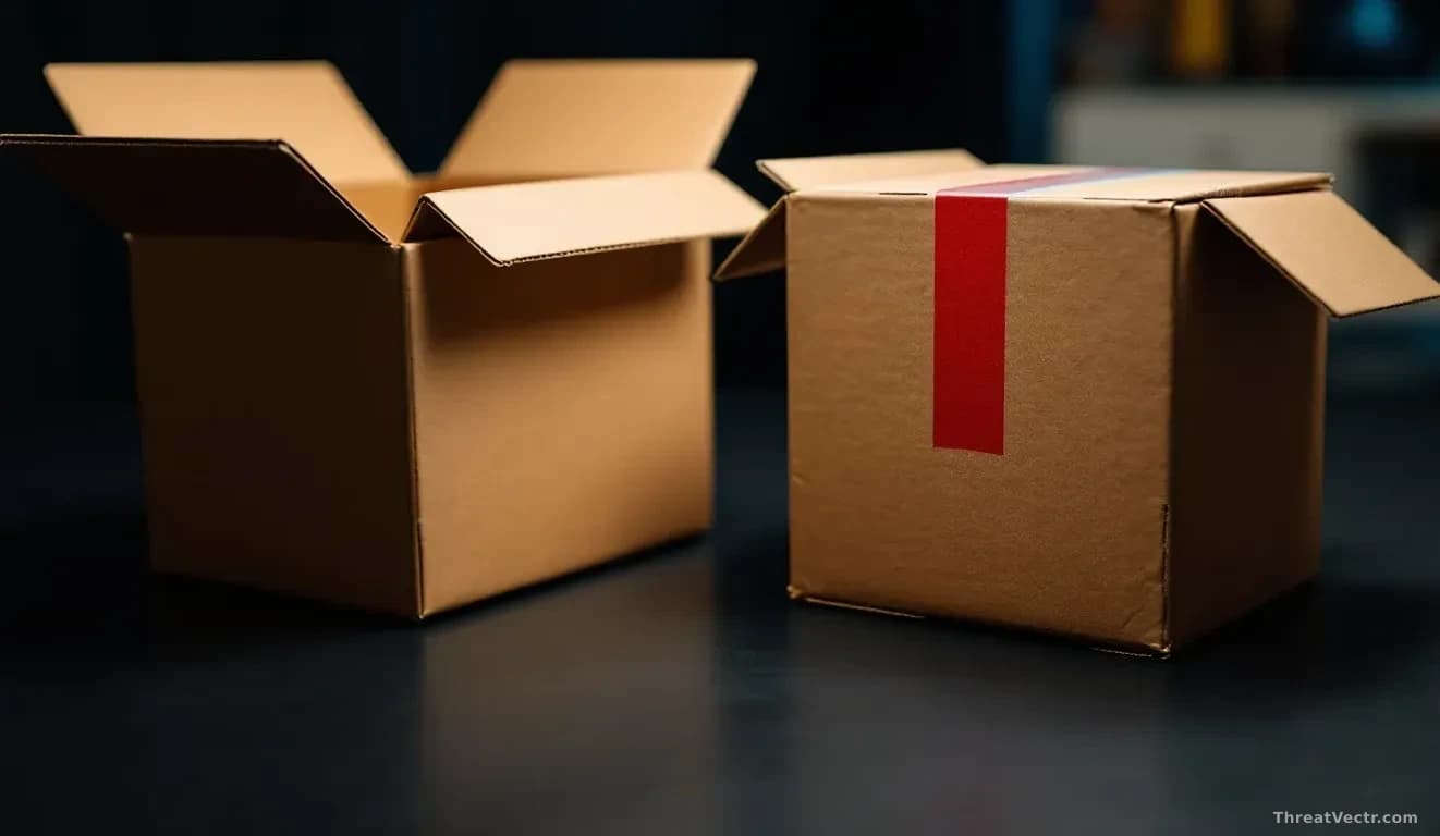 Photoreal editorial image, full-frame 16:9, of two nearly identical open cardboard shipping boxes on a dark desk, one subtly marked with a red warning tape, sof