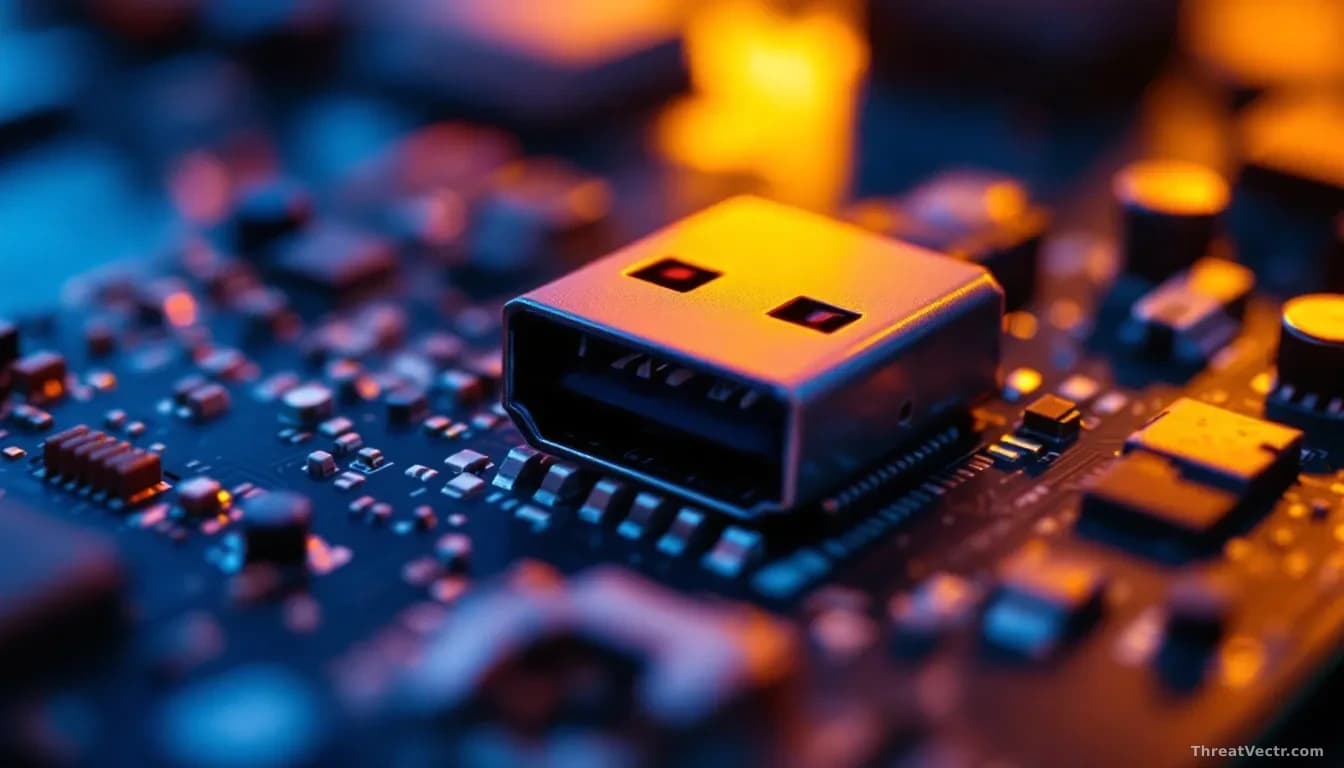 Full-frame close-up, 16:9, of a small circuit board with a USB stick partially inserted, warm amber and cool blue lighting, shallow depth of field, faint solder
