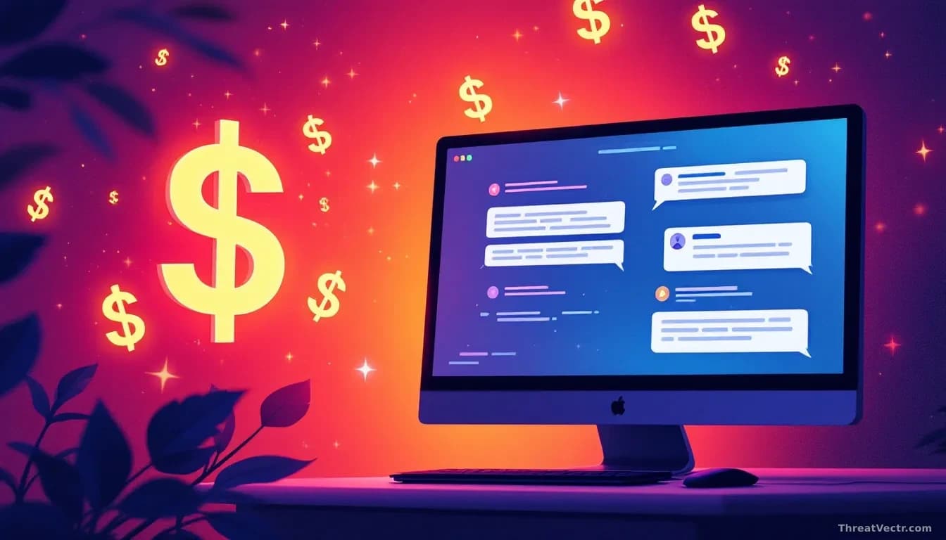 A digital illustration of AI technology being misused for scams, with dollar signs and a computer screen showing fake messages