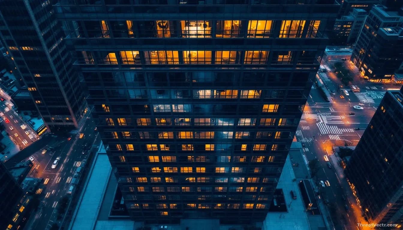 Aerial editorial photograph, 16:9 framing, looking down at a modern government or corporate building at dusk, its lit windows forming a geometric grid against d