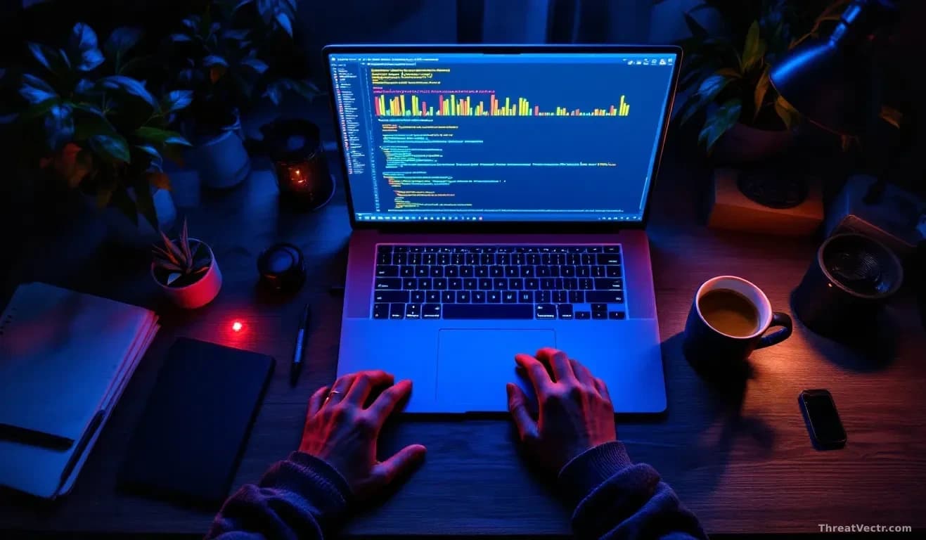 Full-frame overhead view of a cluttered developer's desk at night, glowing keyboard, open laptop showing abstract package manager output as coloured bars, small