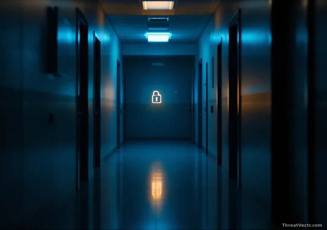 Full-frame edge-to-edge photoreal news-editorial image of a dimly lit government office corridor at night, a single glowing monitor visible through a half-open