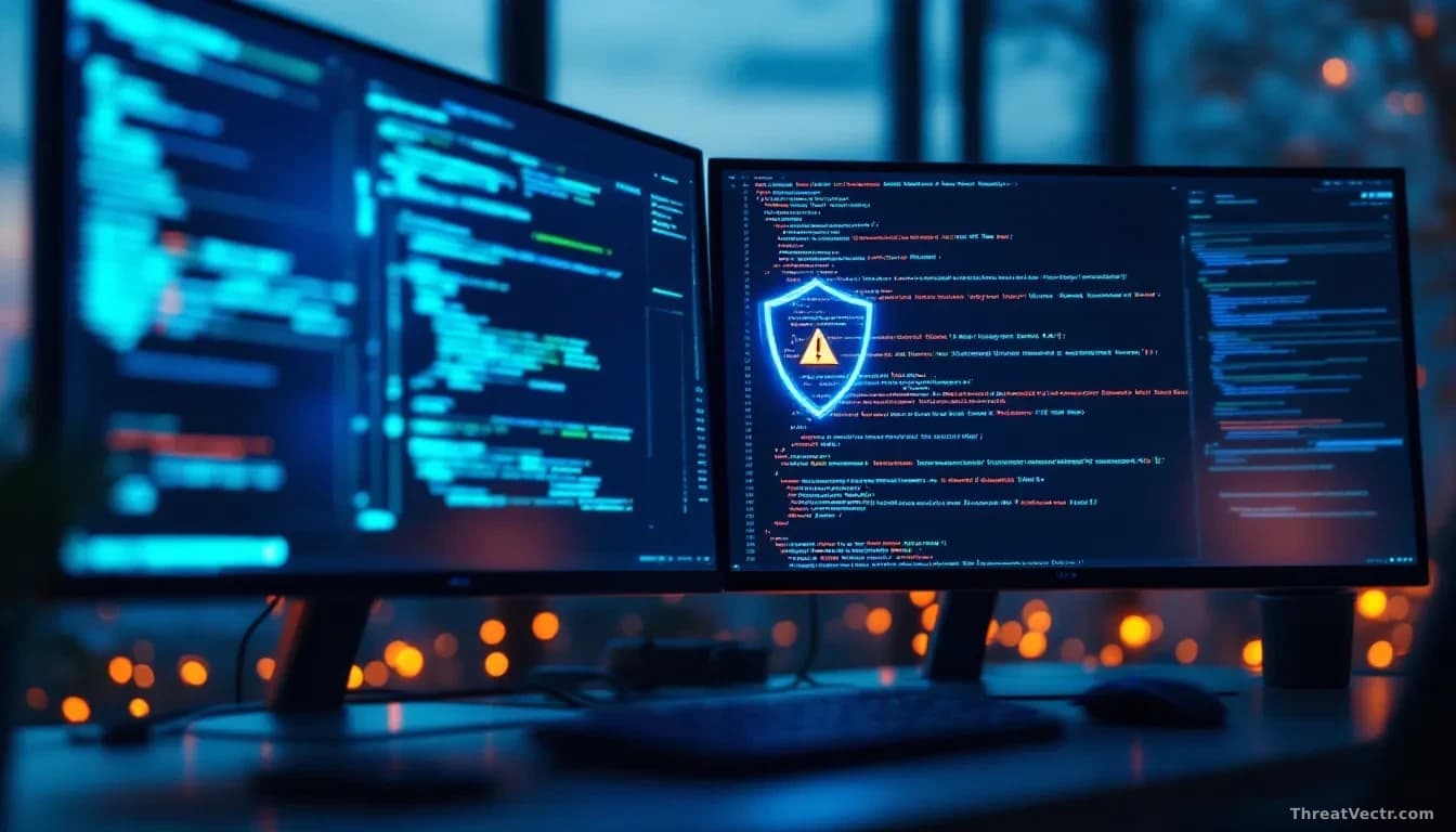 Full-frame edge-to-edge photoreal news-editorial image of a modern developer workstation at dusk, two large monitors glowing with abstract code, a translucent s