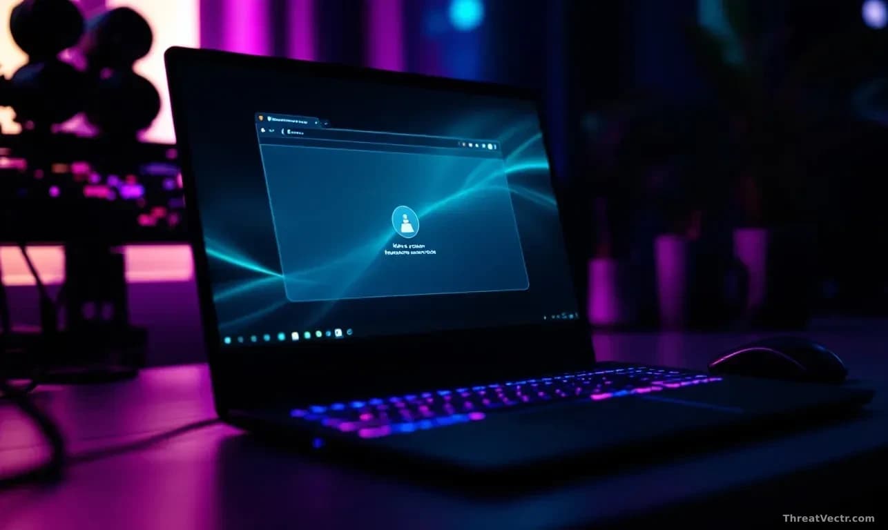 Full-frame 16:9 photoreal editorial shot of a darkened desk with a gaming laptop open, screen glowing with a generic browser window and a translucent overlay su