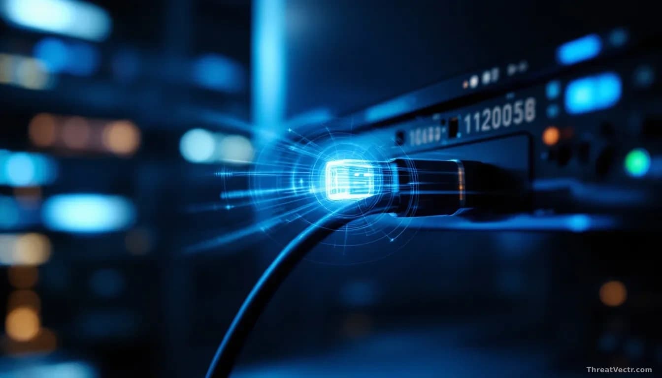 Full-frame edge-to-edge photoreal shot of the back of a desktop monitor in a dim server room, focus on the DisplayPort cable curving into the port, with a soft