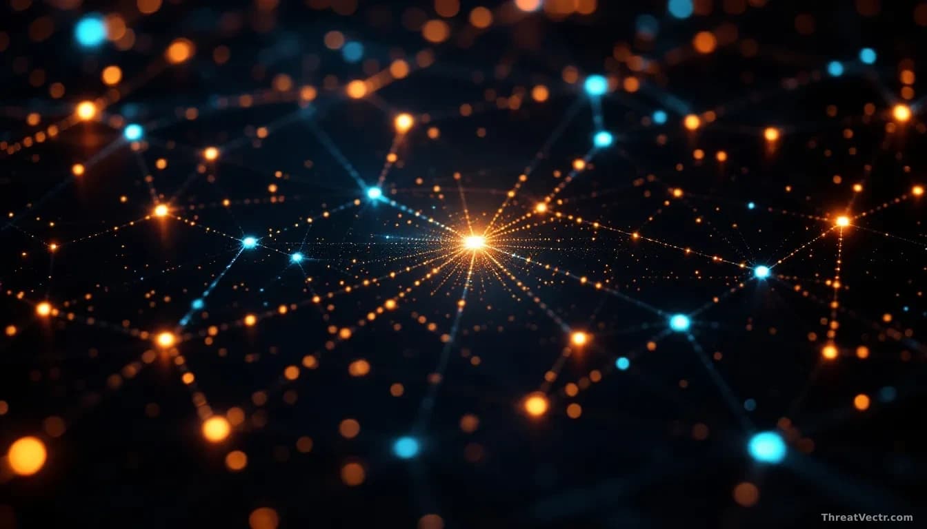 Close-up top-down view of a glowing digital web of interconnected nodes on a dark surface, with one node subtly emitting a hidden pulse of light in a different