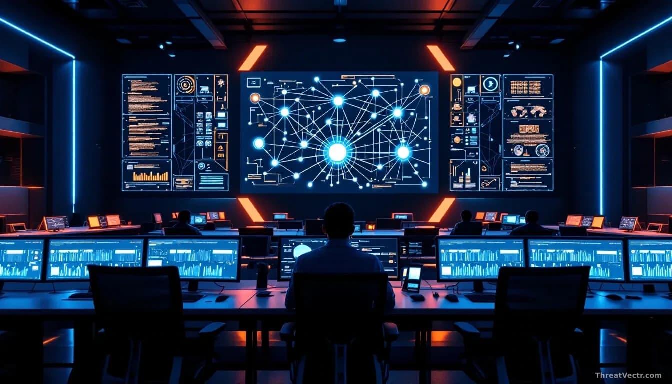Full-frame photoreal editorial shot of a modern security operations centre at night, banks of monitors glowing blue and amber, one central screen showing an abs