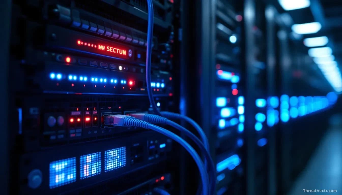 Full-frame photoreal editorial image of a dimly lit server rack in a corporate data centre, one server bay glowing with a warning-red status LED while others sh