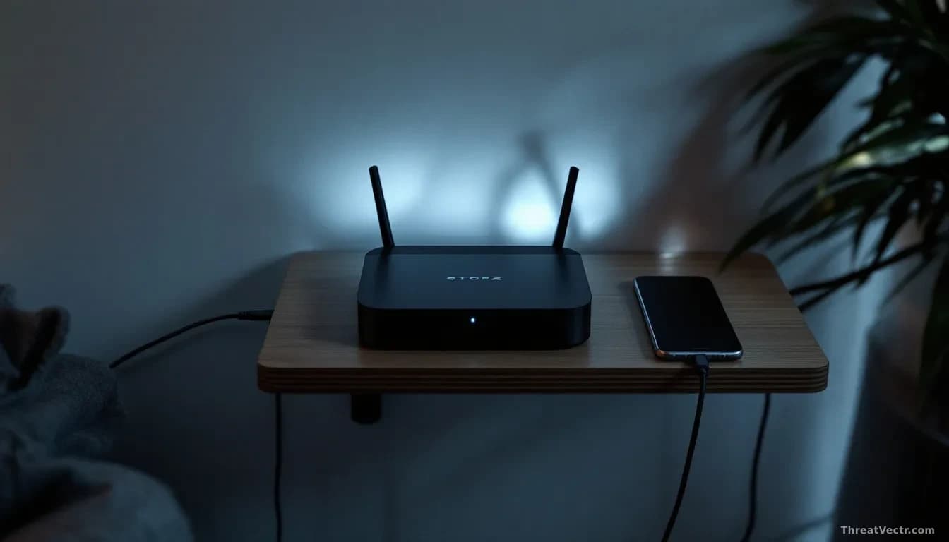 A photoreal overhead view of a domestic living room shelf holding a small black streaming box, a home router with blinking lights, and a smartphone, all connect