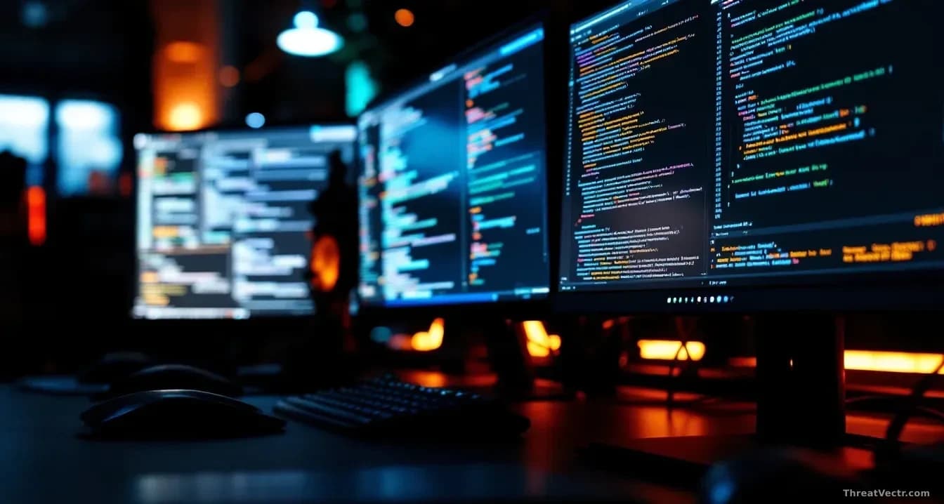 Full-frame edge-to-edge photoreal editorial shot of a developer's darkened workstation at night, multiple monitors glowing with lines of code reflecting off a m