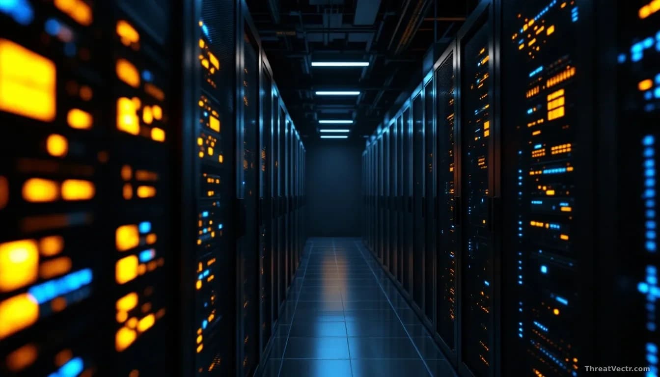 Full-frame photoreal editorial shot of a dimly lit server room aisle with rows of glowing amber and blue rack lights, one open cabinet door revealing exposed ca