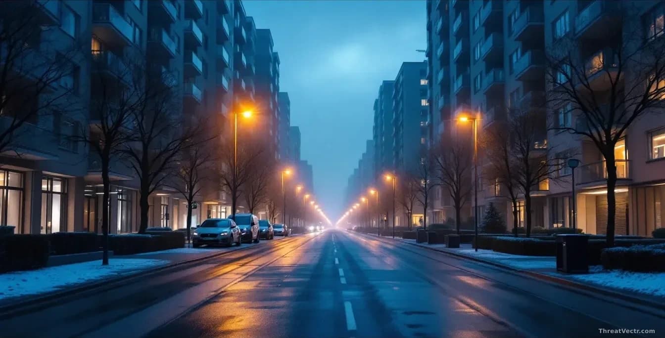 A modern German city street at dusk, shot from ground level looking up at tall apartment buildings with lit windows, mist in the air, empty pavement wet from re