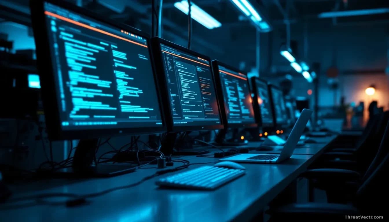 Full-frame photoreal editorial image of a dimly lit university physics laboratory at night, glowing computer monitors showing generic webmail interface reflecti