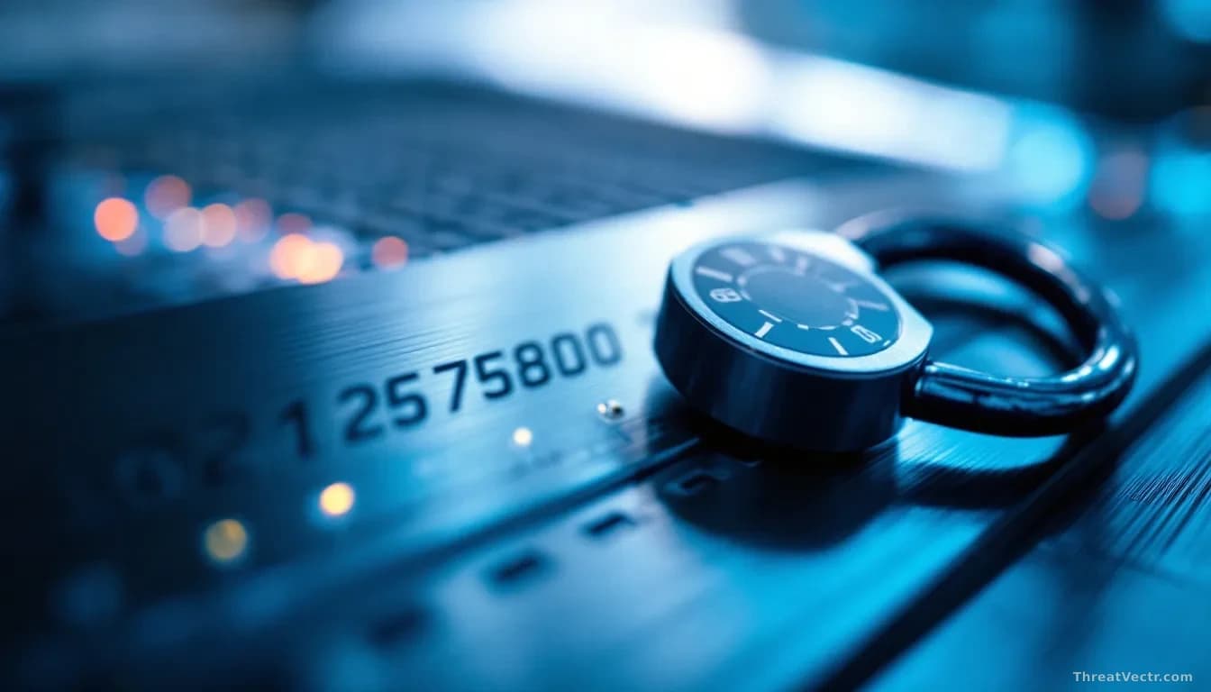 Macro photograph of a physical combination padlock resting on a brushed-metal server rack panel, shallow depth of field, cool blue and silver tones, sharp focus