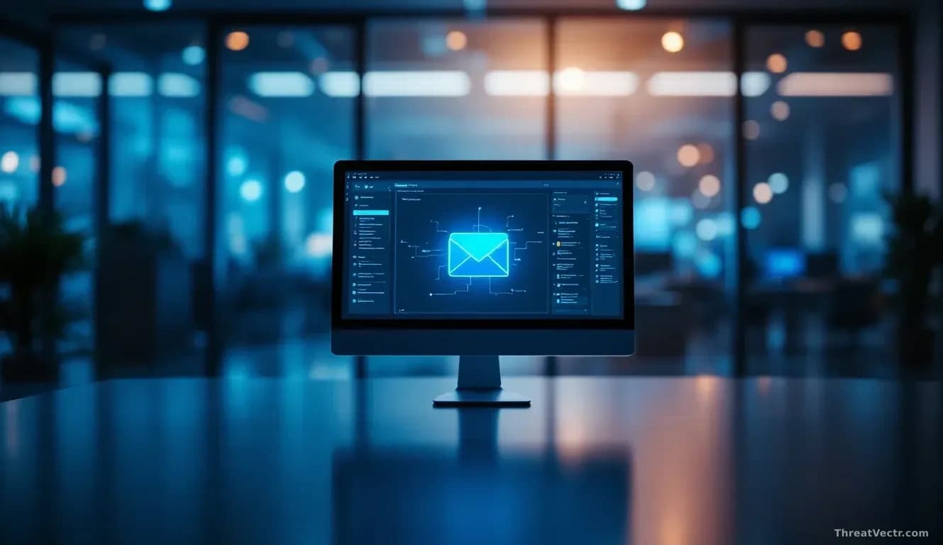 Photoreal editorial shot of a dimly lit open-plan office at night, a single monitor glowing with an abstract email inbox interface, soft blue and amber light, s