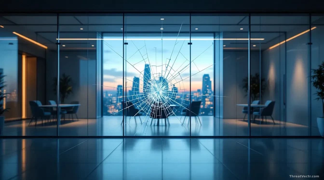 Full-frame edge-to-edge photoreal editorial shot of a modern glass office corridor at dusk, with two adjacent identical meeting rooms separated by a cracked gla