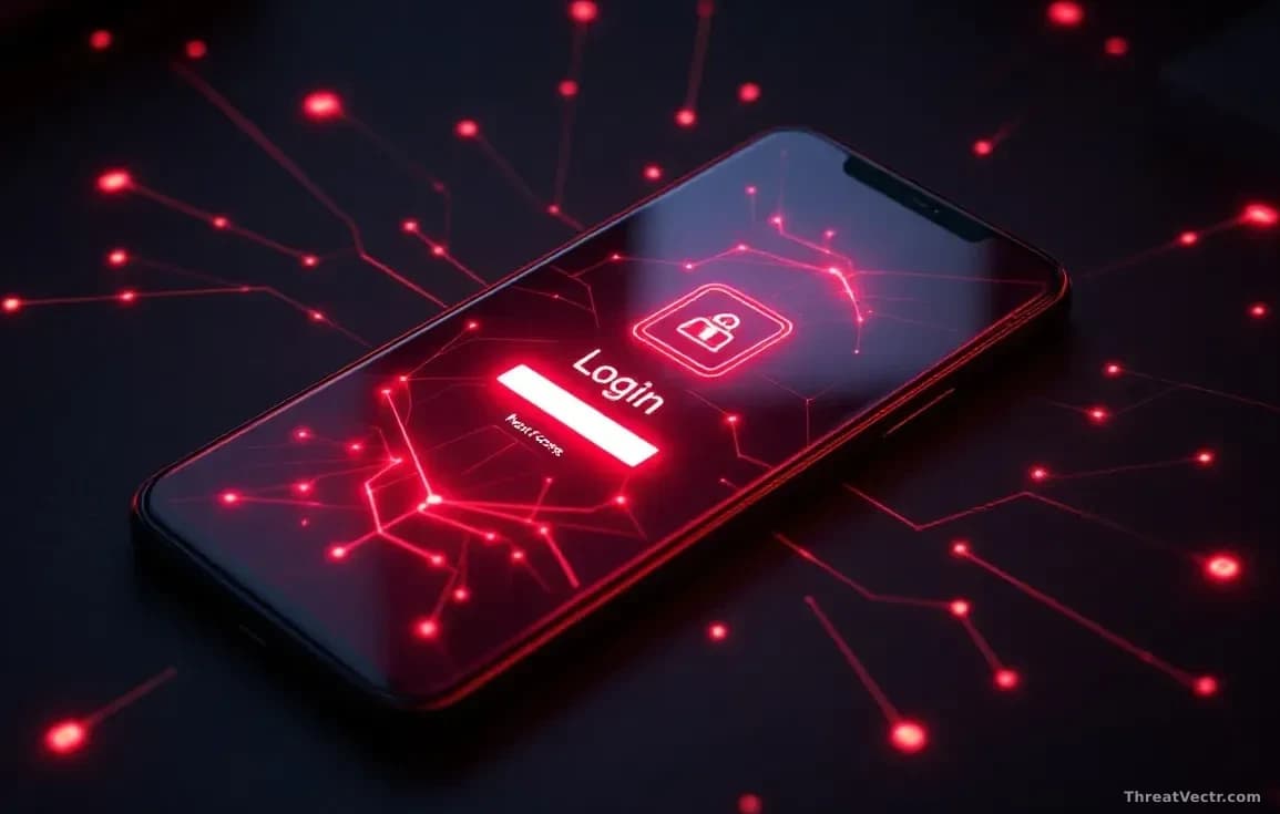 Full-frame overhead photograph of an unbranded Android-style smartphone lying on a dark desk, screen glowing red with abstract geometric login form shapes, fain