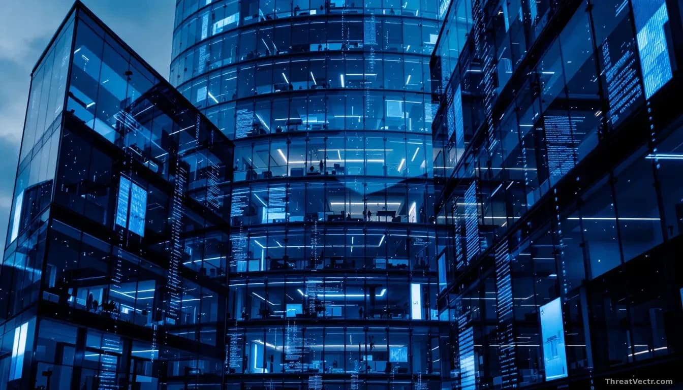 Photoreal editorial shot of a modern glass office tower at dusk with cold blue interior lighting on empty open-plan floors, a faint reflection of code-like patt