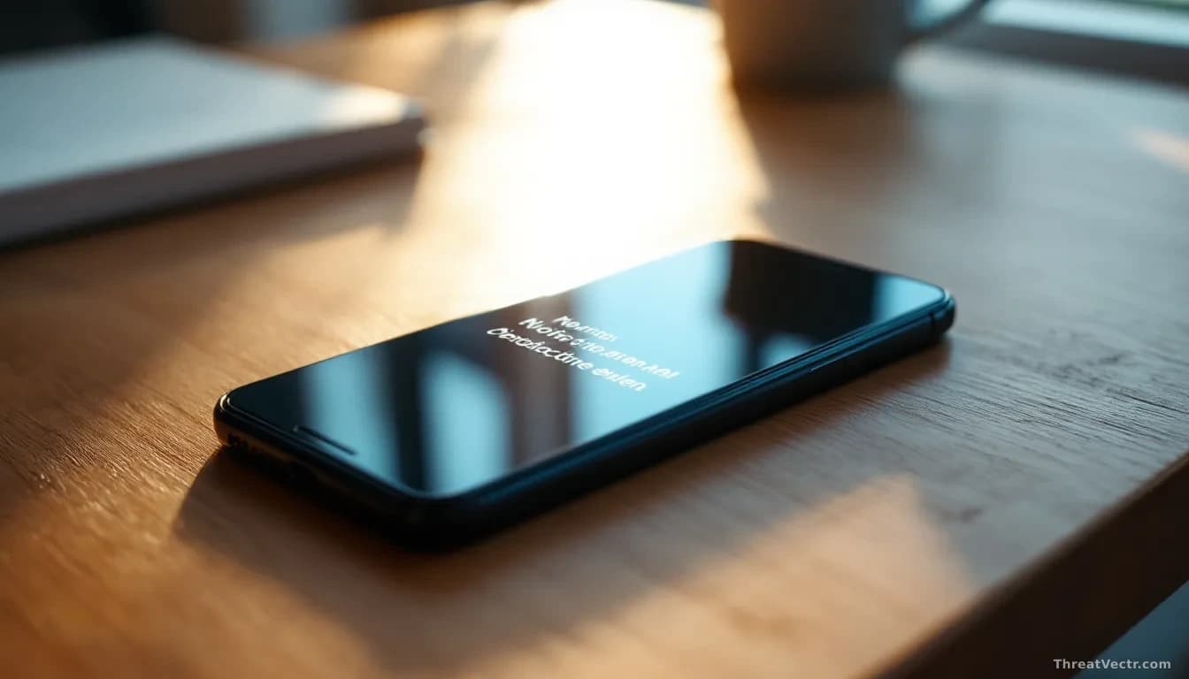 Photoreal news-editorial 16:9 image of a modern smartphone lying flat on a wooden desk, its screen glowing with a generic notification message, surrounded by so