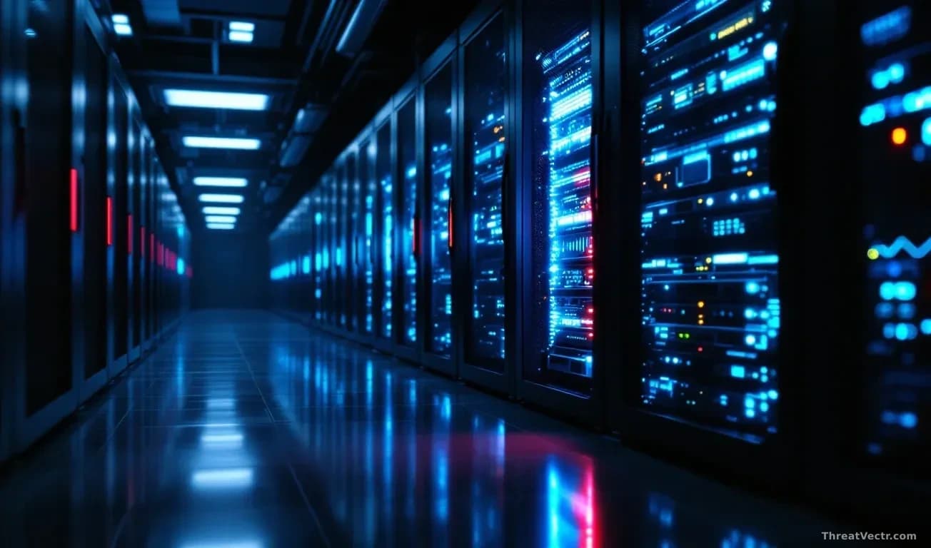 Full-frame edge-to-edge photoreal news-editorial image of a dimly lit server room with rows of dark rack-mounted servers, blue and amber status LEDs reflecting