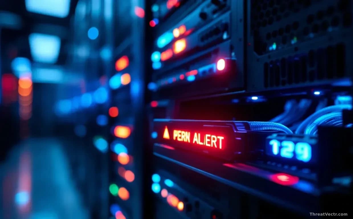 Full-frame edge-to-edge photoreal news-editorial image of a darkened server rack in a data centre, blue and amber status lights glowing, one drawer pulled sligh