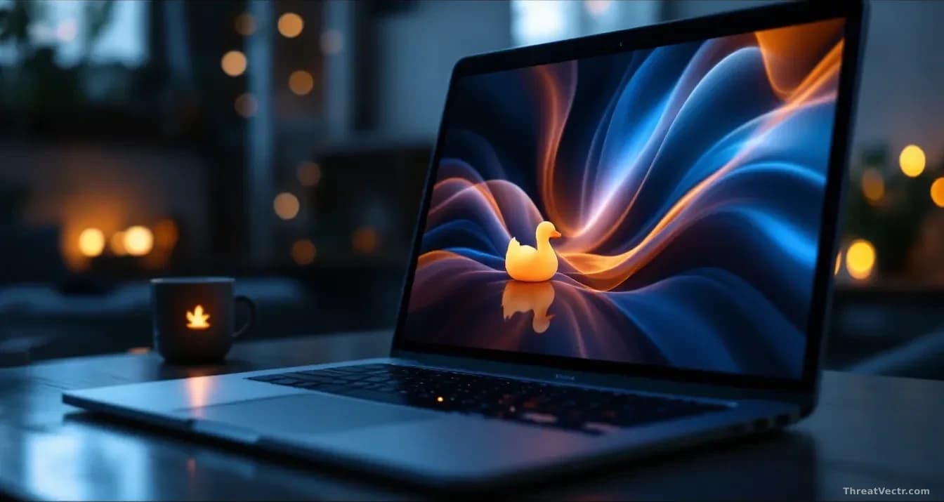 Photoreal editorial shot of a modern laptop on a dark wooden desk, screen glowing with an abstract video player interface, a small duck-shaped silhouette icon s