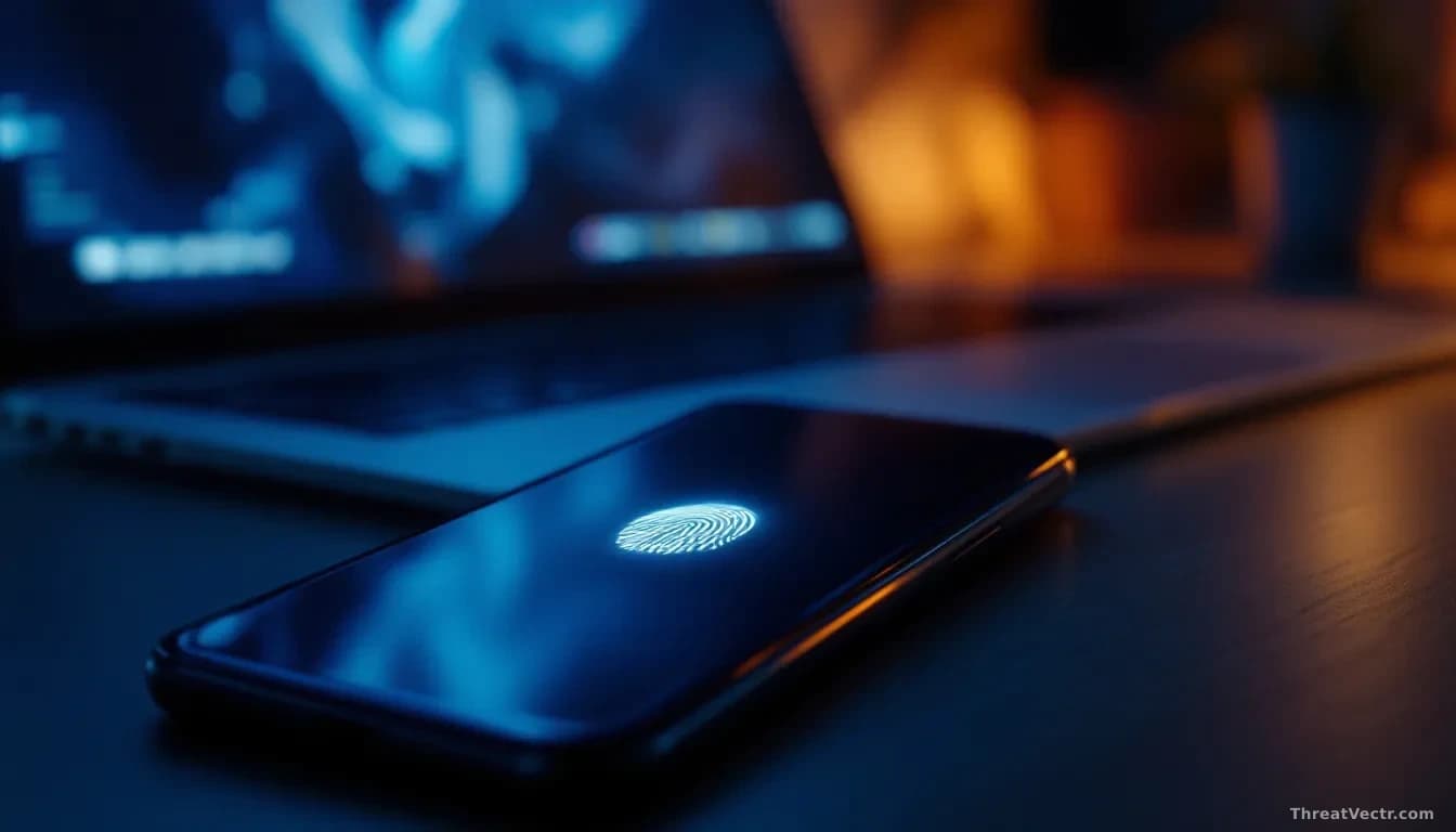 Photoreal editorial shot of a modern smartphone on a dark desk, screen showing a generic fingerprint unlock prompt glowing softly, a faint blurred laptop keyboa