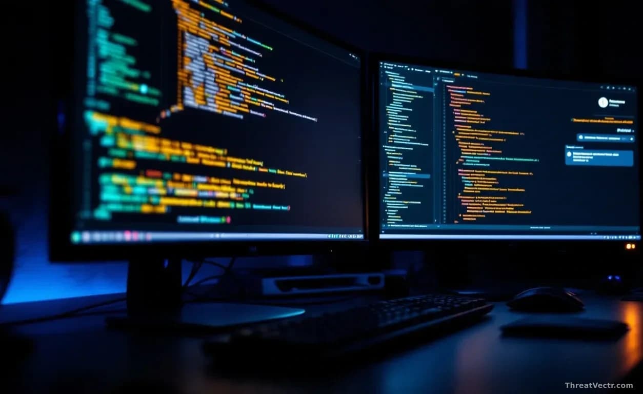 Photoreal editorial shot of a darkened developer workstation, two large monitors glowing, one showing lines of colourful code, the other a blurred chat interfac