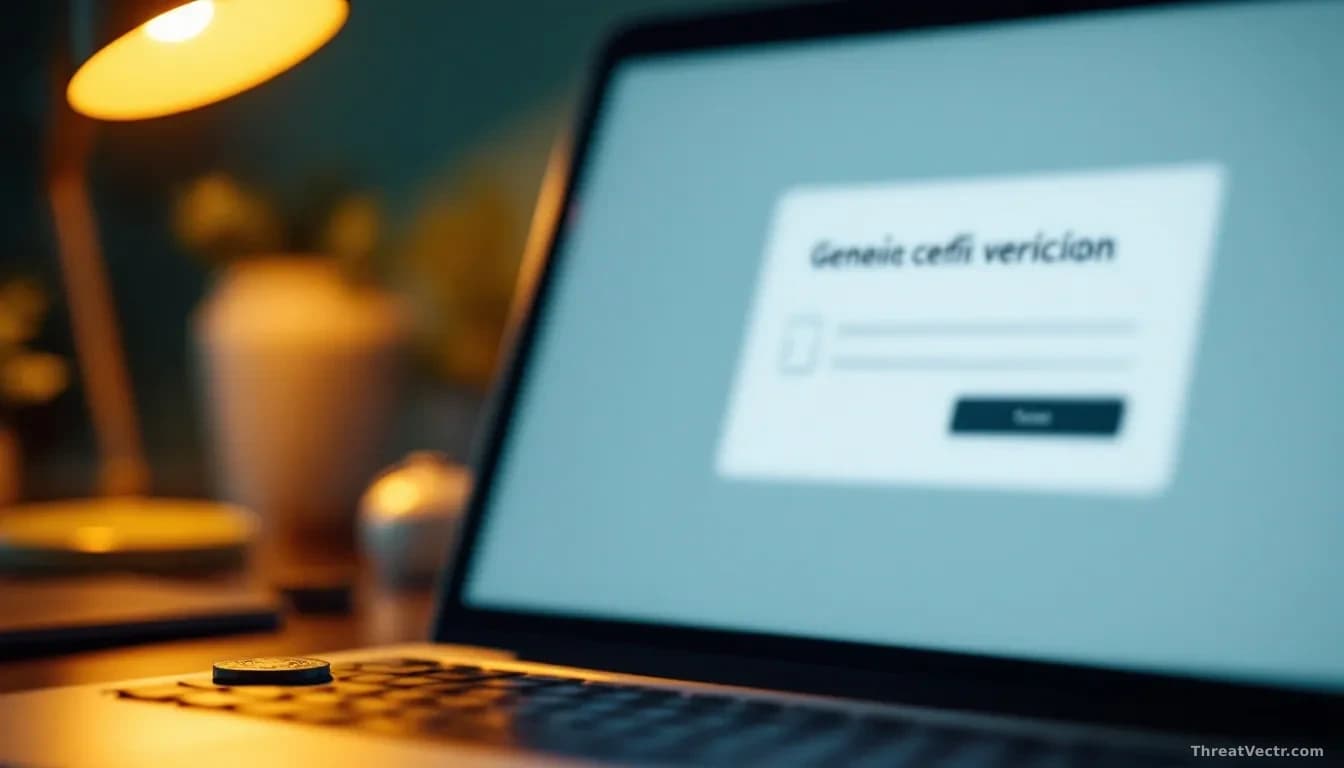 Full frame photoreal editorial image of a laptop screen showing a generic blurred verification prompt with a checkbox, warm desk lamp light, a Mexican peso coin