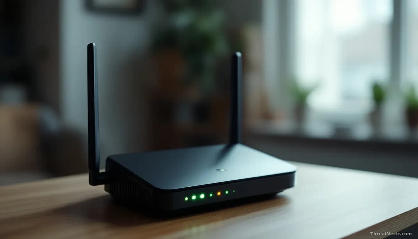 A close-up, editorial-style photograph of a small black wireless router sitting on a plain wooden desk in a modest office, indicator lights glowing faintly gree