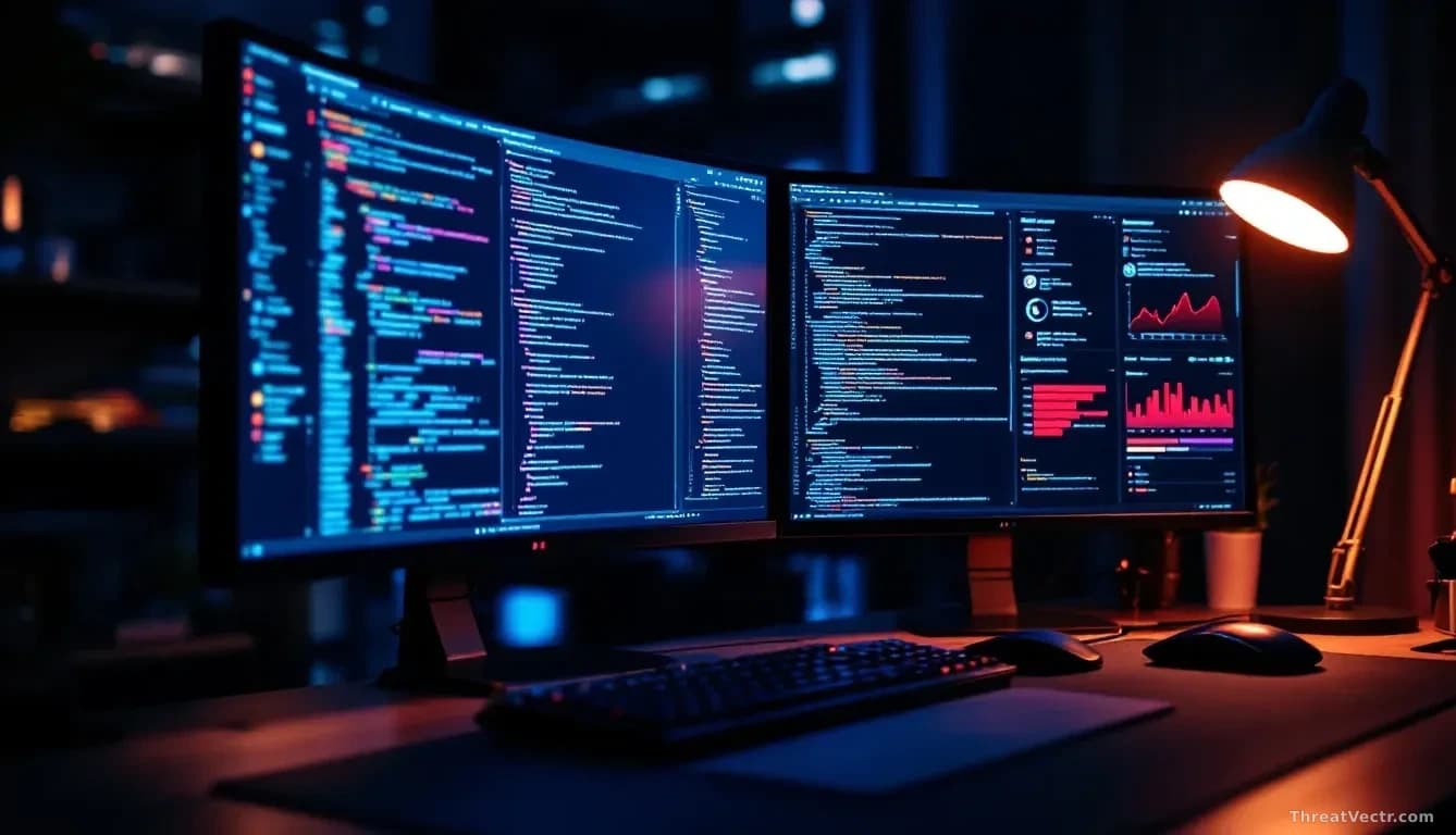 Full-frame photoreal editorial shot of a developer workstation at night, two large monitors filled with code and a security dashboard showing red alert badges,