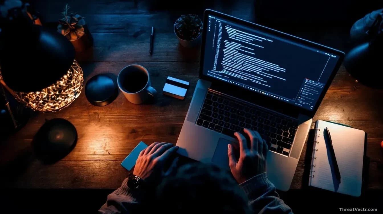 Full-frame overhead photo of a developer's dark wooden desk lit by warm lamplight, showing an open laptop with generic blurred code on screen, a small stack of