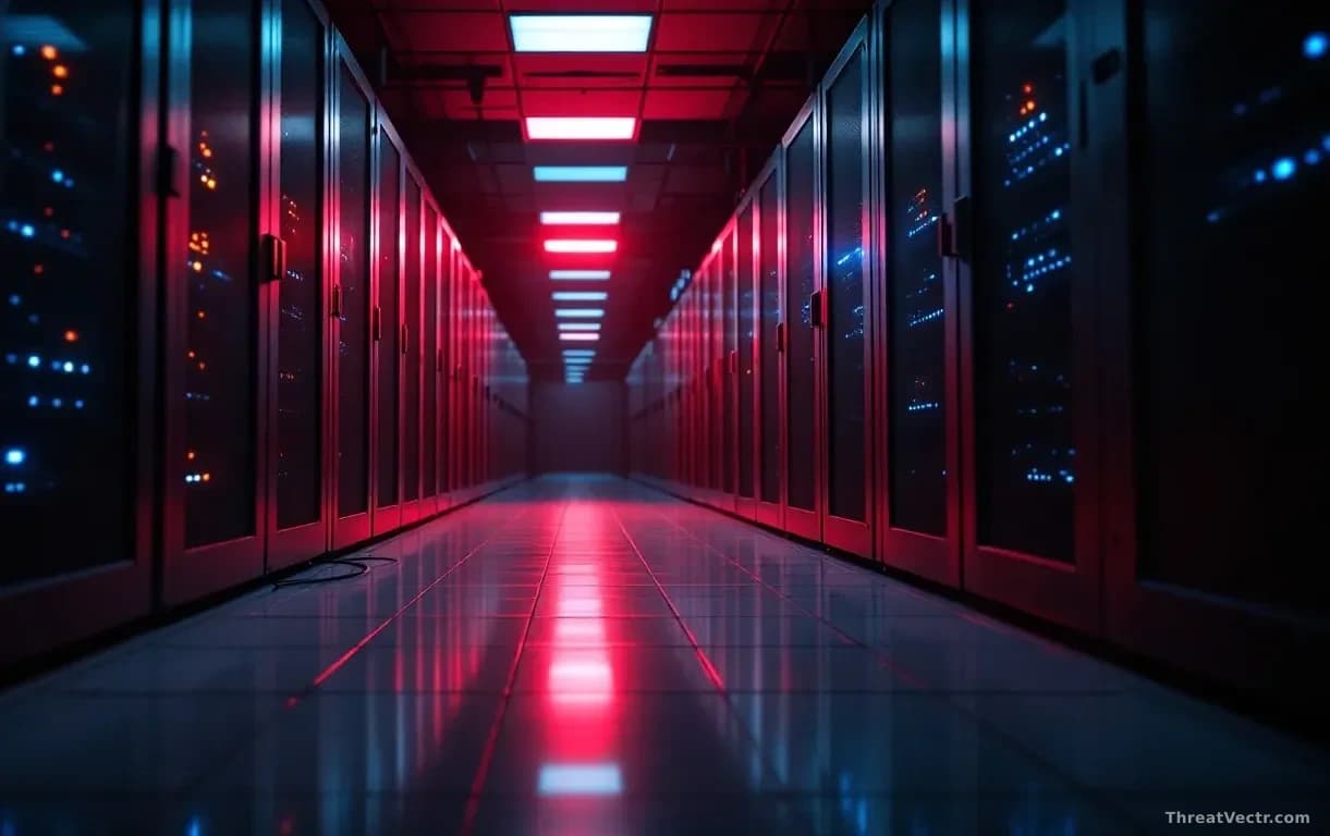 A quiet university server room at night, rows of dark storage racks with faint blue and amber status lights, one rack door left ajar, cables hanging loose, a re