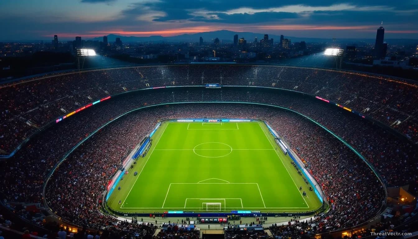 Aerial 16:9 editorial photograph of a packed football stadium in Mexico at dusk, floodlights blazing over a vivid green pitch, city skyline glowing faintly in t