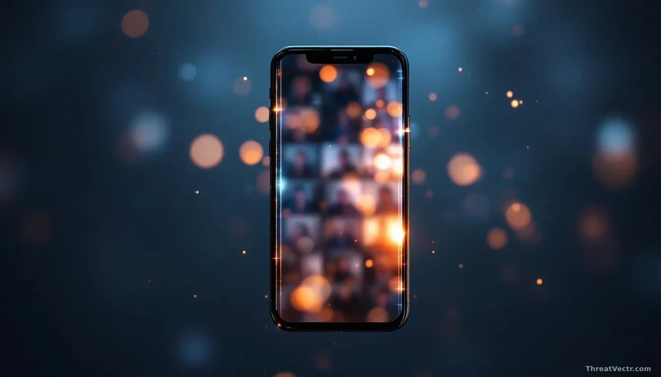 A glowing smartphone screen displaying a grid of faintly blurred portrait-shaped photo frames, each dissolving at the edges into swirling digital pixels and abs