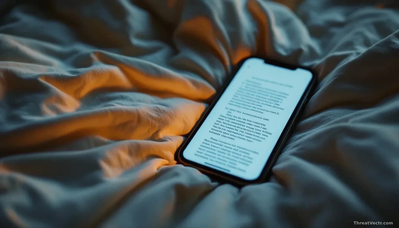 A smartphone resting on rumpled bedsheets, its screen glowing with a text-generation interface showing partially typed paragraphs, soft warm bedroom lighting, s