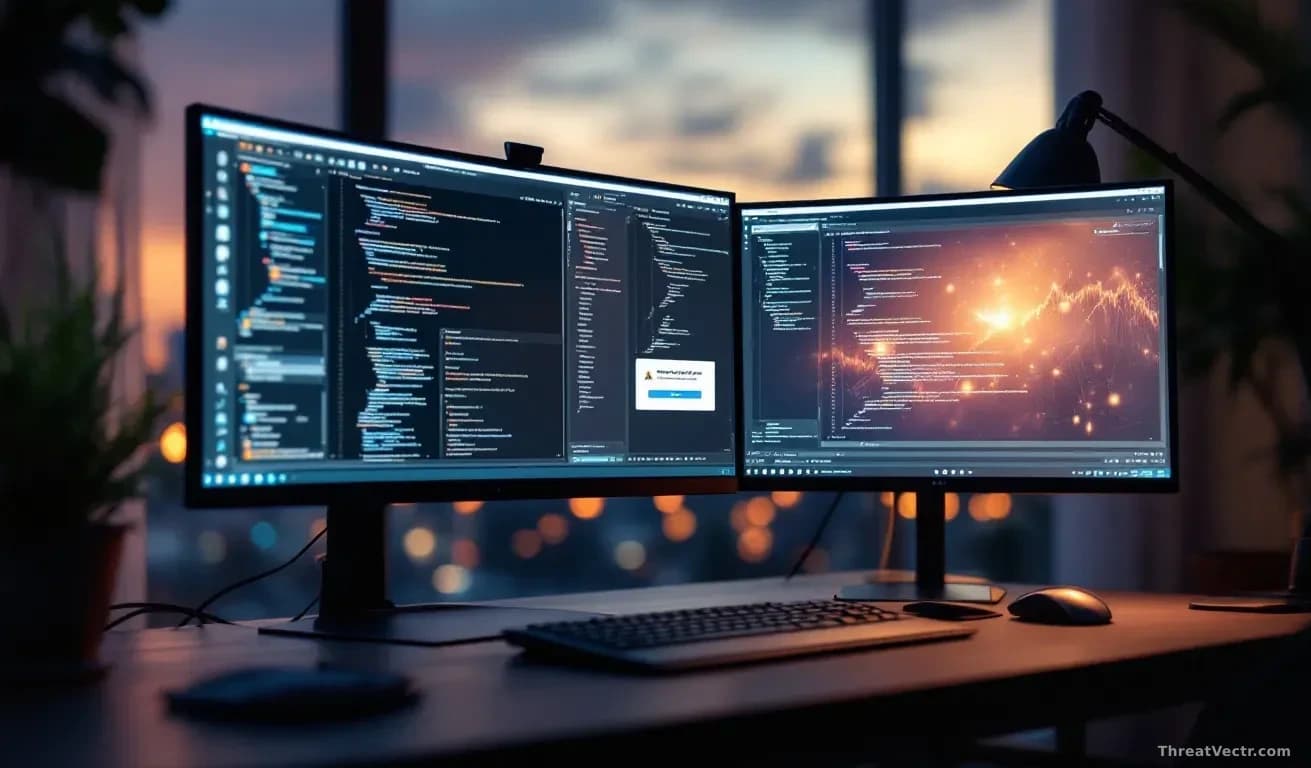 Full-frame photoreal editorial shot of a modern developer workstation at dusk, two large monitors glowing with abstract code editor windows, a small permission