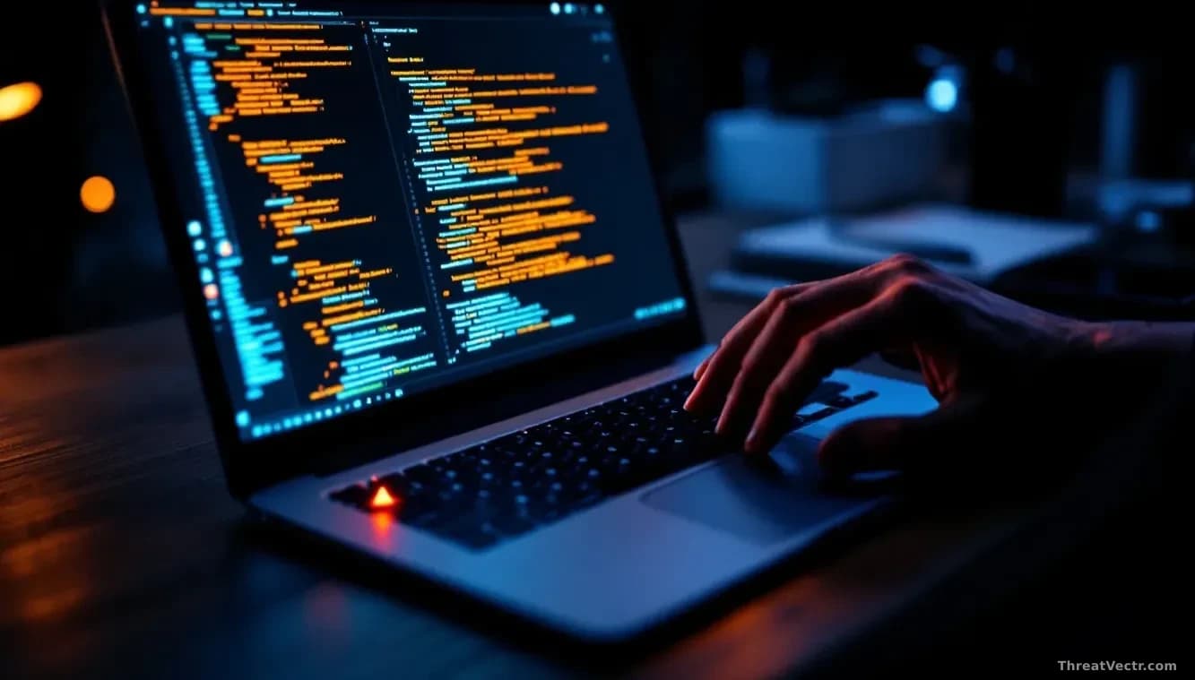 Full-frame overhead shot of a developer's dark wooden desk, a laptop screen glowing with abstract lines of code, a small red warning icon reflected on the keybo