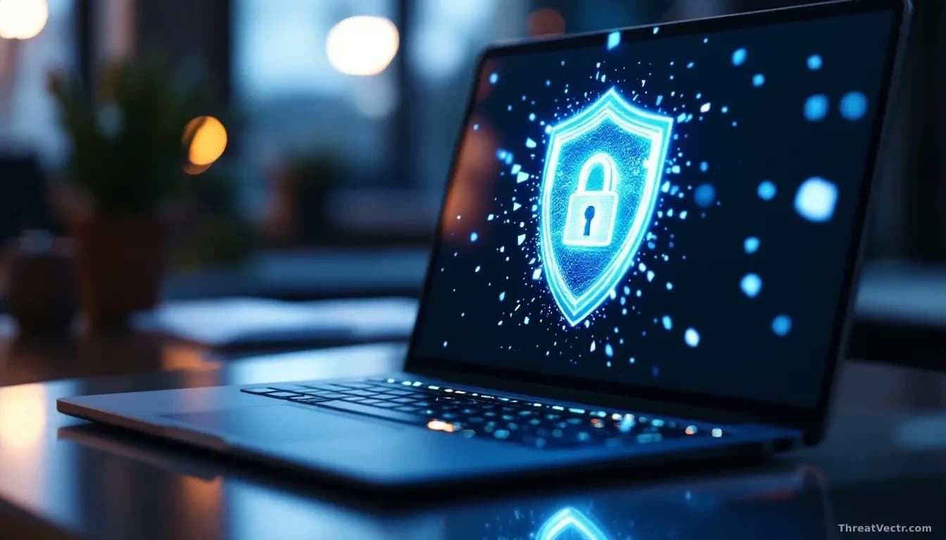 Full-frame close-up of a modern laptop screen glowing blue in a dim office, showing an abstract Windows security shield icon partly fractured, dust motes catchi
