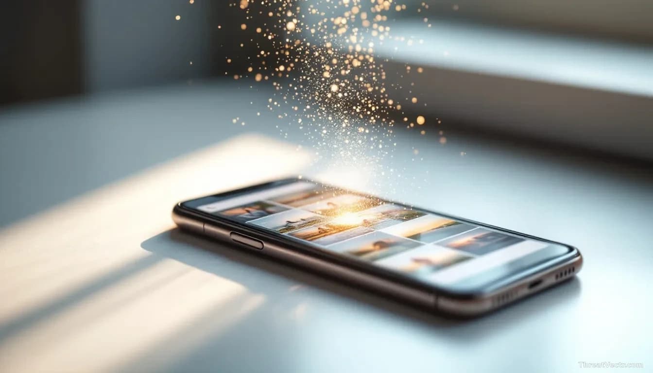 A smartphone lying face-up on a pale desk, screen showing a generic photo grid interface glowing softly