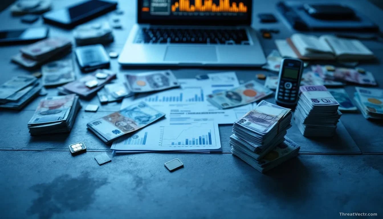 Full-frame overhead photoreal news-editorial shot of a police evidence table covered in stacked banknotes of mixed currencies, seized mobile phones, SIM cards a