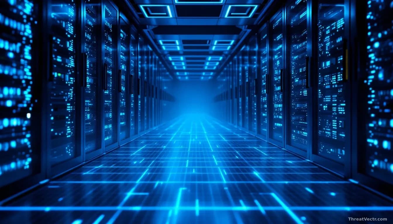 Photoreal news-editorial 16:9 image of a darkened server room bathed in cool blue light, rows of blinking rack-mounted servers receding into the distance, subtl